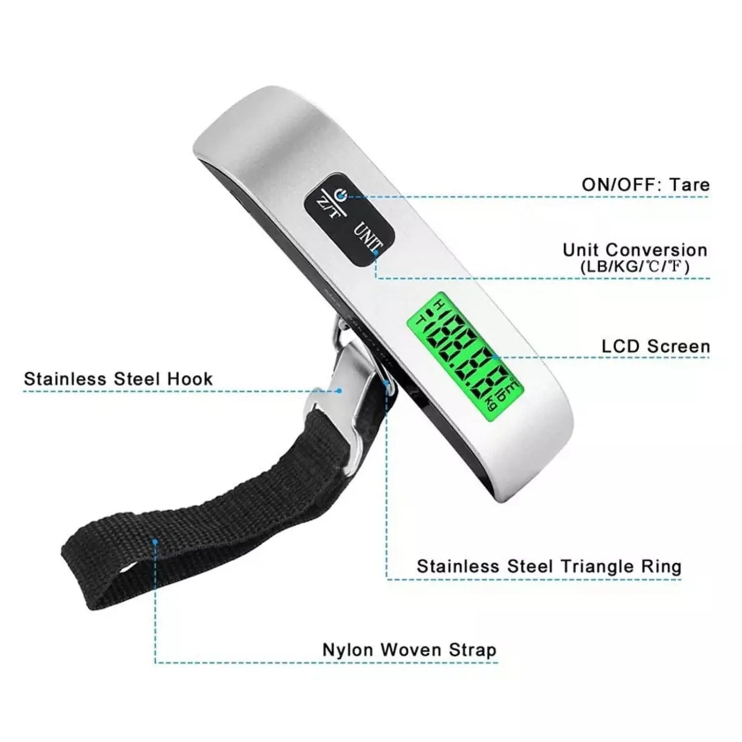 Bilancia digitale per valigie 110 lb 50 kg, portatile e maneggevole, con gancio per pesare il bagaglio e ideale per il viaggio.