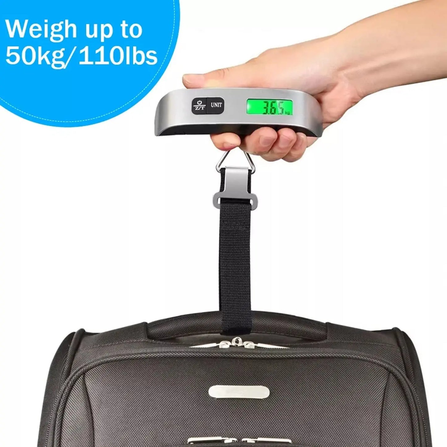 Bilancia digitale per valigie 110 lb 50 kg, portatile e maneggevole, con gancio per pesare il bagaglio e ideale per il viaggio.