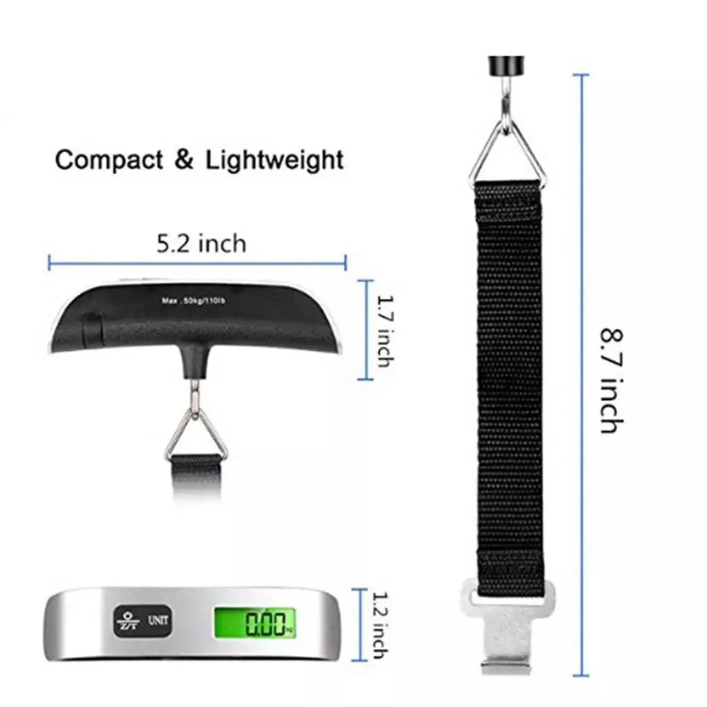 Bilancia digitale per valigie 110 lb 50 kg, portatile e maneggevole, con gancio per pesare il bagaglio e ideale per il viaggio.